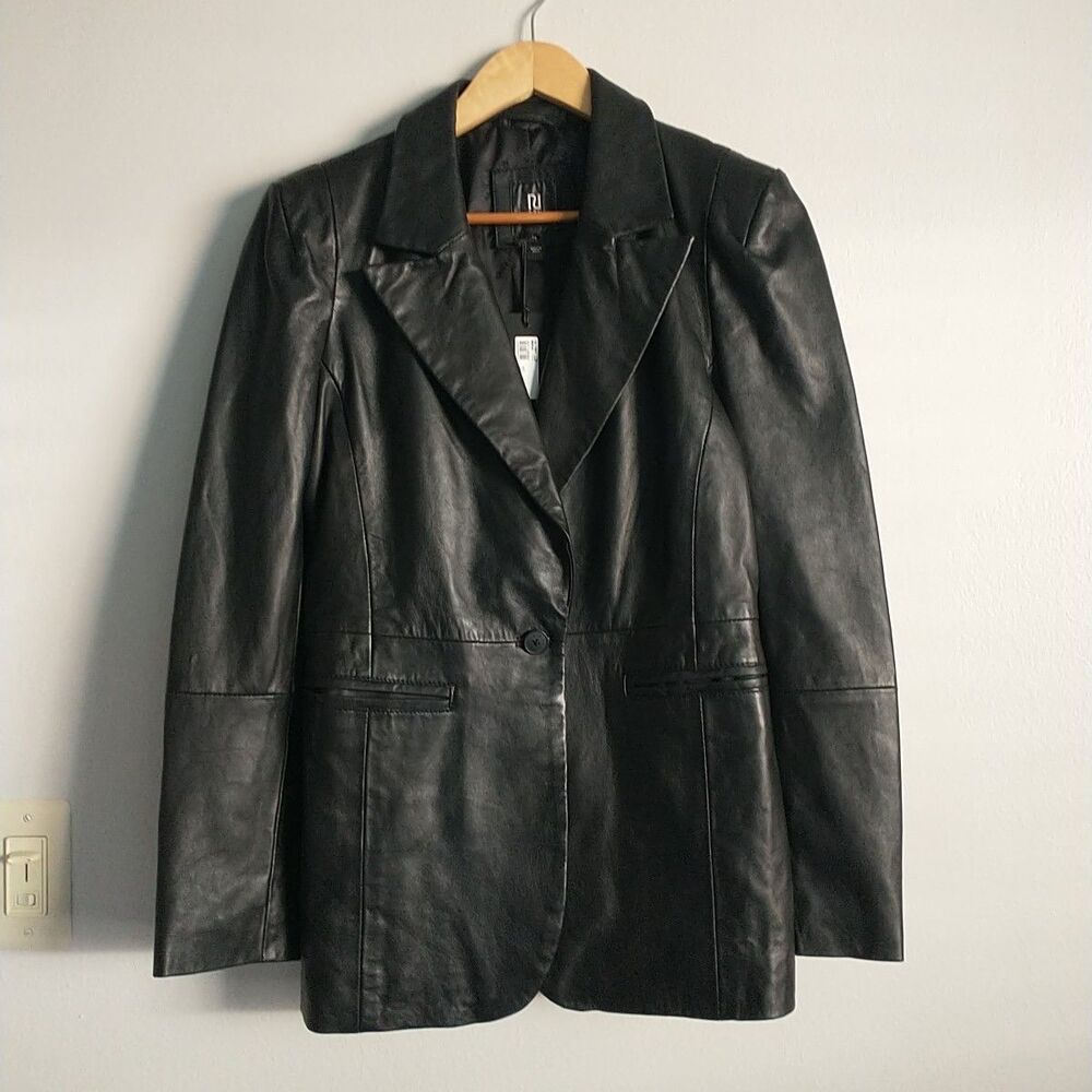 New River Island Studio Genuine Leather Jacket Blazer Coat Womens S Black Collar